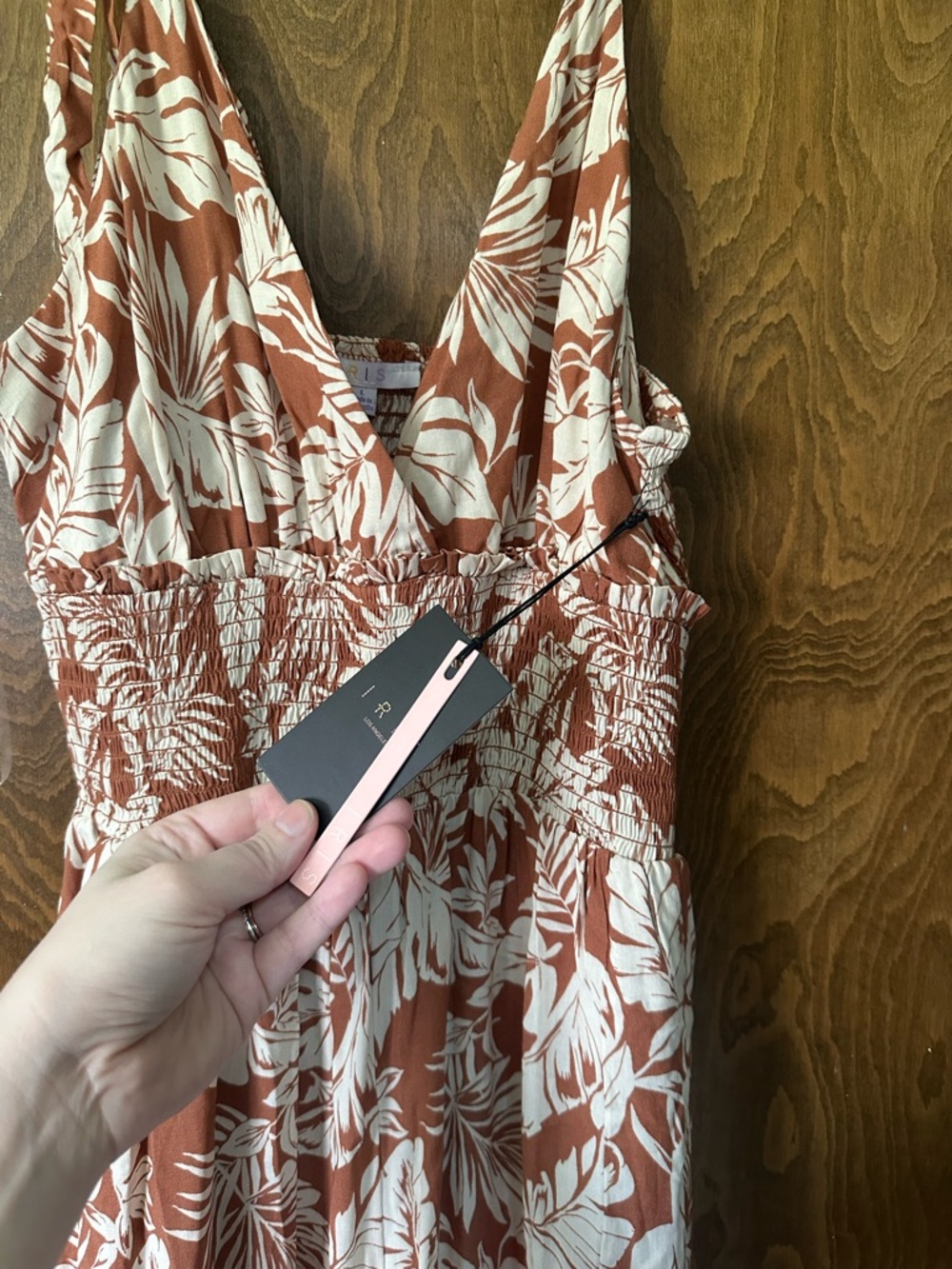 NWT Rust & White Tropical jumpsuit w/pockets Wide Flowy Legs Smocked Waist - Picture 5 of 8